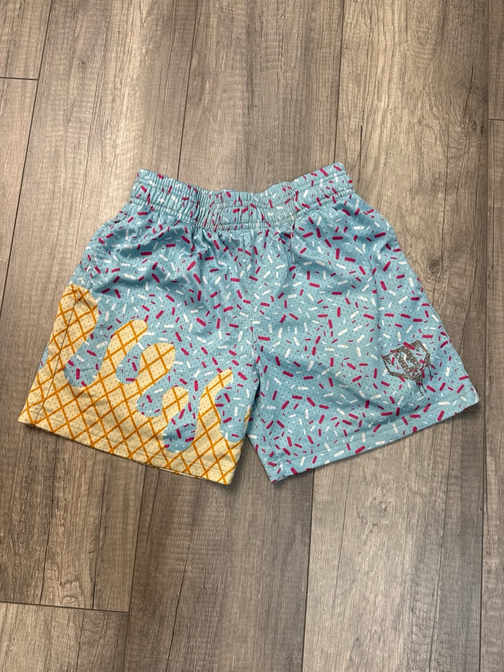 Kids Light Blue Ice Cream Cone Swim Shorts with Yellow Cone Accent